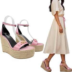 New Versace 95 Medusa Satin Espadrille Wedge Sandals Pink Size 40